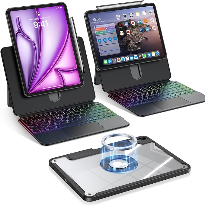 Clear Magnetic Keyboard Case for iPad Air 11" (M3/M2)& Pro 11" 4th 3rd 2nd 1st Gen, 7-Color Backlit, Multi-Touch Trackpad, Detachable 360 Rotation & Up-Down Lift Protective Case w/Stand, Black