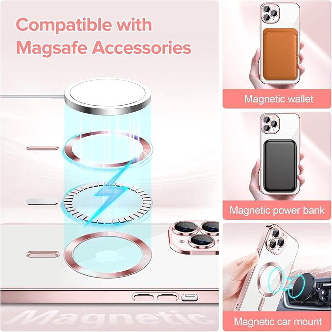 Hython Magnetic Clear for iPhone 11 Pro Max Case with Camera Lens Protector [Compatible with MagSafe] Plating Edge Slim Soft TPU Cover Protective Phone Case for iPhone 11 Pro Max 6.5", Pink