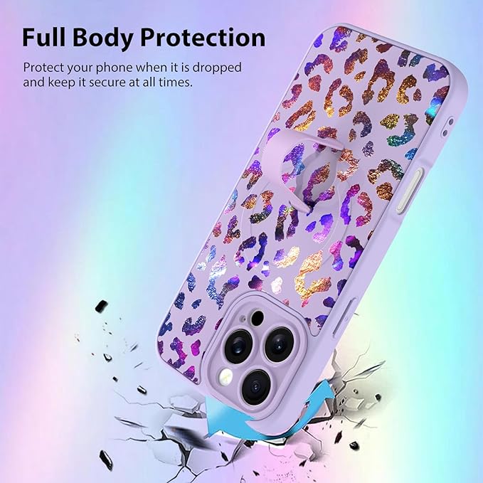 KANGHAR Compatible with iPhone 16 Pro Max Case, Support for MagSafe, Silicone Cute Iridescent Leopard Cheetah Pattern, Wristband Kickstand Shockproof Protective Slim Cover for Women Girls, Purple