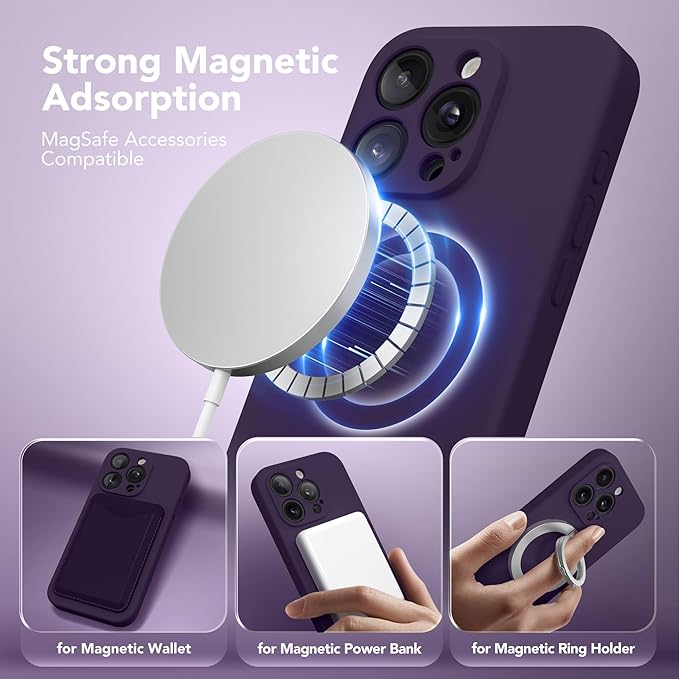 Magnetic for iPhone 15 Pro Max Case, Compatible with MagSafe, [Full Camera Protection][Screen Protector] Silicone Shockproof Protective Phone Case for iPhone 15 Pro Max 6.7", Deep Purple
