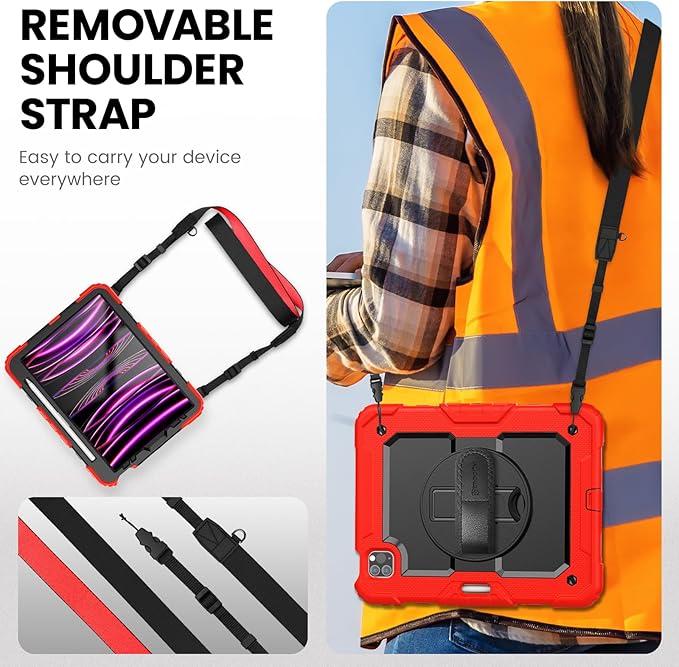 Timecity Case for iPad Pro 11 inch 4th/3rd/2nd/1st Generation 2022/2021/2020/2018, Heavy Duty Protective Case with Screen Protector, Swivel Stand, Hand/Shoulder Strap,Pencil Holder Case- Red