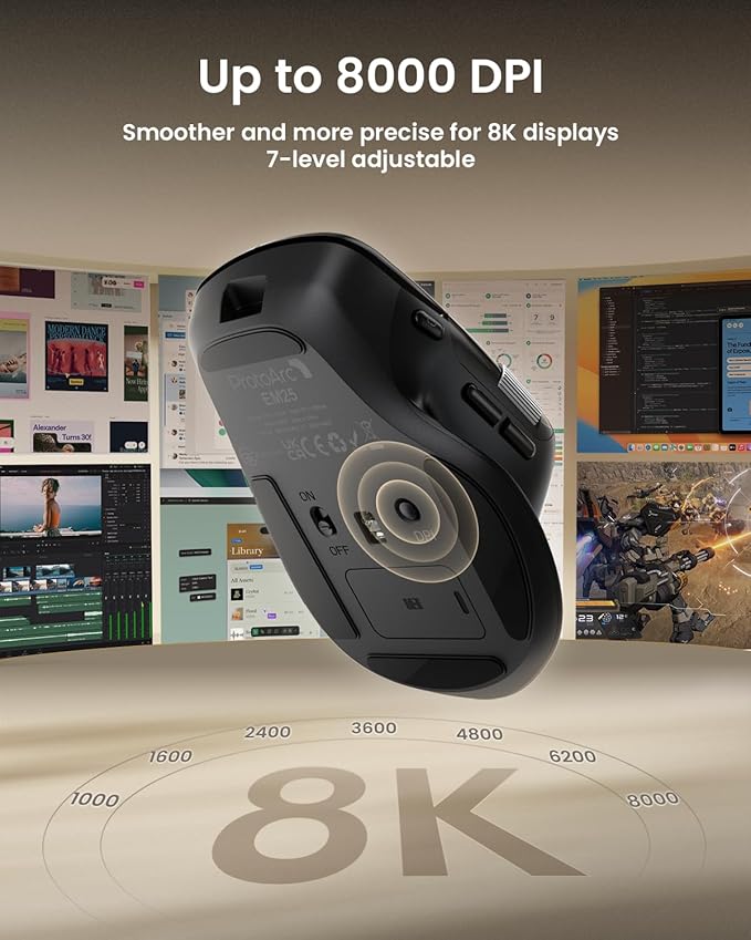 ProtoArc Ergonomic Wireless Mouse, EM25 Ultra-Fast Scrolling & Side Scroll, Customizable Bluetooth Rechargeable Mouse, 8000 DPI for Medium to Large Hands, Compatible with Windows/Mac/Android, Black