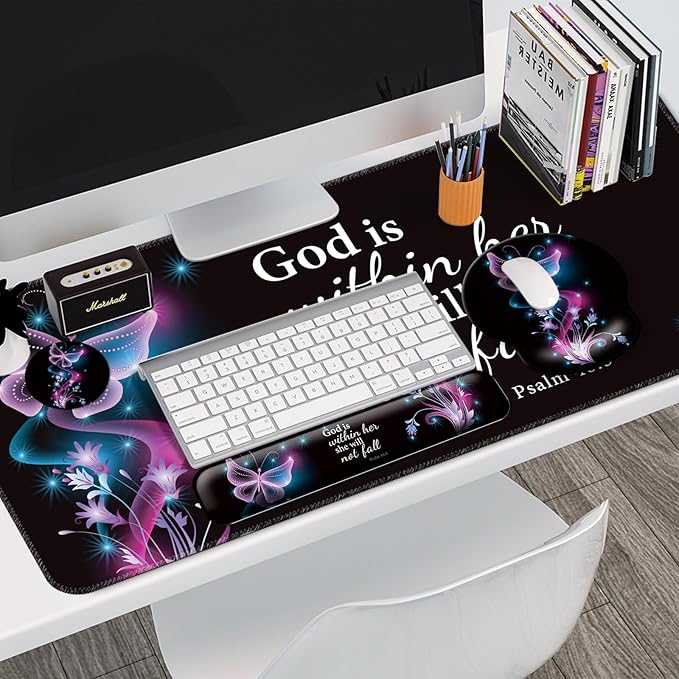 Mouse Pad + Desk Mat + Keyboard Wrist Rest + Coaster 4 in 1 Set, Cute Ergonomic Large Gaming Mousepad with Wrist Rest Support Desk Pad for Computer Laptop Office Home Decor-Purple Butterfly
