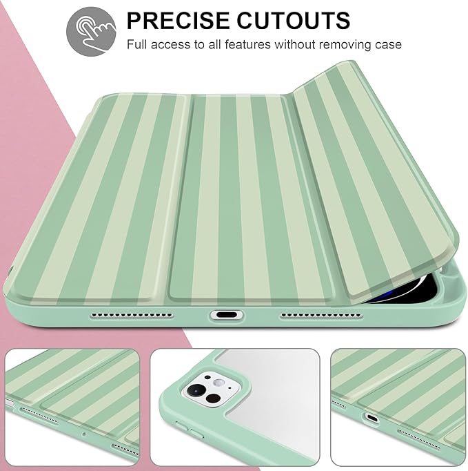 Case for iPad Pro 13 Inch (M5 2025 M4 2024) – [Built-in Pencil Holder], Shockproof & Stylish, Clear Hard Back + Soft TPU Edge, Magnetic Trifold Stand, Auto Wake/Sleep, Green Striped