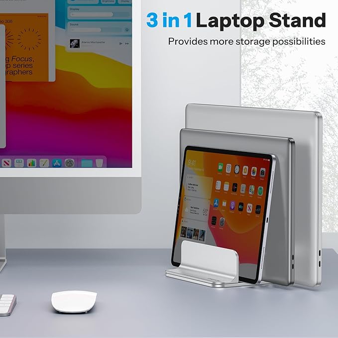 OMOTON Vertical Laptop Stand [Updated 3-Slots Version], Desktop Aluminum Mac Book Stand with Adjustable Dock Size, Fits All Mac Book, Chrome Book and Gaming Laptops (Up to 17.3 inch), Bright Silver
