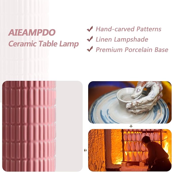 AIEAMPDO 23" Set of 2 Pink Ceramic Table Lamp for Living Room Bedroom, Modern Farmhouse Nightstand Desk Lamps for Dining Room Dresser End Table Entryway, 2 LED Bulbs Included