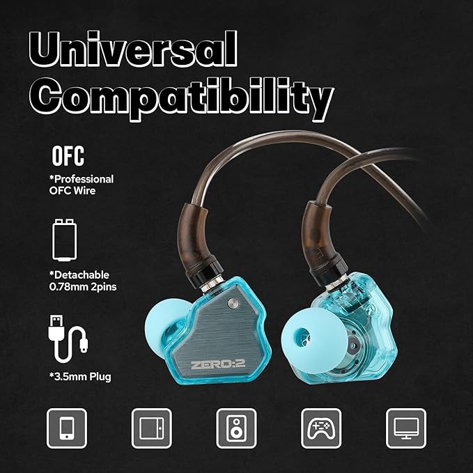 Linsoul 7Hz x Crinacle Zero:2 in Ear Monitor, Updated 10mm Dynamic Driver IEM, Wired Earbuds Earphones, Gaming Earbuds, with OFC IEM Cable for Musician (with MIC, Blue)