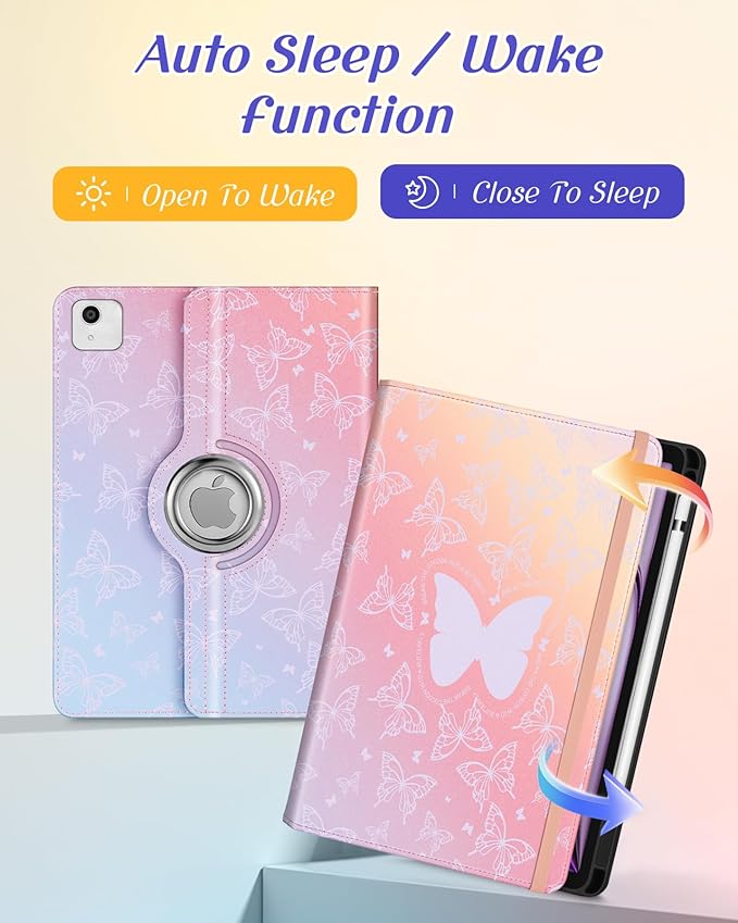 Kidcube for iPad Air 13 Inch Case (M3/M2)/for iPad Pro 12.9 Cases 6th/5th (2022/2021) - Women Girls Cute Rotating Stand Folio Cover with Pencil Holder & Card Slot Design Girly Kawaii Butterfly Cover