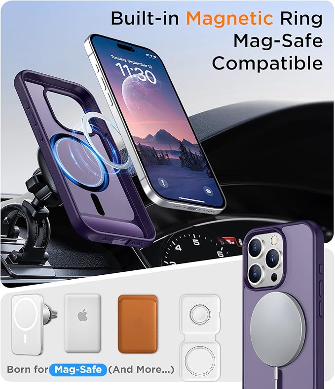 Magnetic Compatible with iPhone 15 Pro Max Case, [Built-in Invisible Kickstand][Compatible with MagSafe] [Military Grade Shockproof] Slim Translucent Matte Phone Case for iPhone 15 Pro Max 6.7"
