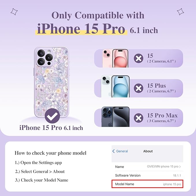 GVIEWIN for iPhone 15 Pro Case Compatible with MagSafe, [Military Grade Protection] [Screen Protector] Full Camera Protection Floral Translucent Women Magnetic Phone Case, Apricot Blossom/Purple