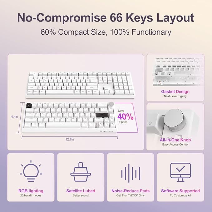 X82 Wired Gaming Keyboard with Volume Knob,60% Mechanical Keyboard Gasket Mount RGB Backlit with Software,Mini Keyboards with 66 Keys Hot Swappable Red Switch,Translucent Characters White