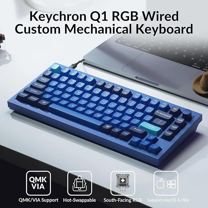 Keychron Q1 RGB Wired Custom Mechanical Keyboard, 75% Layout RGB Backlight with Hot-swappable Gateron G Pro Red Switch Double Gasket Compatible with Mac Windows Linux (Blue) -Version 2
