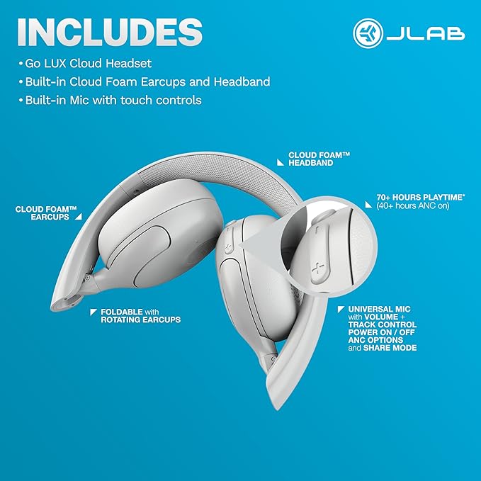 JLab Go Lux ANC Wireless Headphones, Cloud White, Hybrid Active Noise Cancelling, Premium On-Ear Bluetooth Headset, Customizable Sound, Be Aware Mode, Cloud Foam Comfort, Multipoint Connection