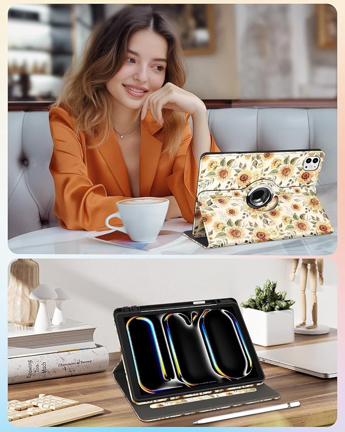 Kidcube for iPad Pro 13 Inch Case M4 2024 - Women Girls Cute Rotating Stand Folio Cover with Pencil Holder & Card Slot Girly Pretty Sunflower Design for iPad Pro 13 Inch Case 2024 (A2925 A2926 A3007)