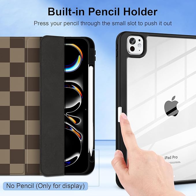 TWOLSKOO Case for iPad Pro 11-inch (M5 2025 / M4 2024), Clear Acrylic Back with TPU Bumper, Pencil Holder, Trifold Stand, Auto Sleep/Wake, Brown Checkerboard