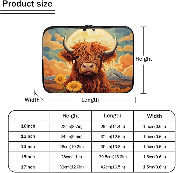 Highland Cattle Computer Sleeve for Women Men Laptop Sleeve 12 inch Neoprene Laptop Covers with Padded Compartment Lap Top Case Sunflower Computer Carrying Bag Brown