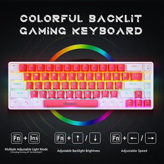 abucow 65% Wired Mechanical Keyboard – 68-Key Compact Layout, Full Anti-Ghosting, Brown Switch Swappable White Red Keycaps, for Windows/Mac