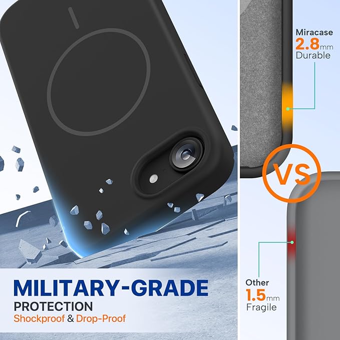 Miracase Magnetic for iPhone 17e Case & iPhone 16e Case, [Soft Anti-Scratch Microfiber Lining], Compatible with MagSafe, Silicone Shockproof Protection Phone Case for iPhone 17e/16e, Black