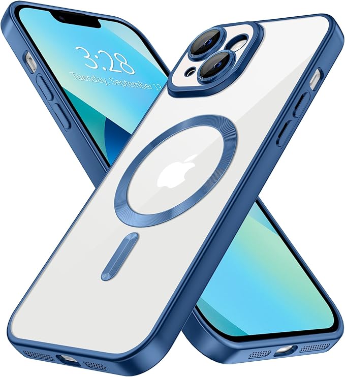 Hython Magnetic Clear for iPhone 13 Case with Camera Lens Protector [Compatible with MagSafe] Luxury Plating Edge Slim Soft TPU Cover Protective Phone Case for iPhone 13 6.1", Matte Deep Blue