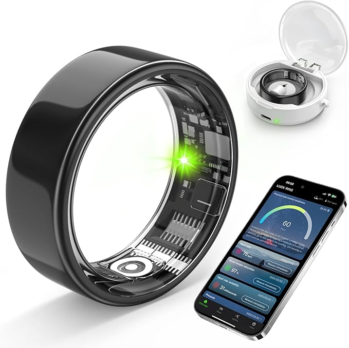 Smart Ring with Sleep Monitoring, Step Counting, Heart Rate for iPhone and Android, No Subscription Fee, IP68 Waterproof Health Tracker (Black, 8)