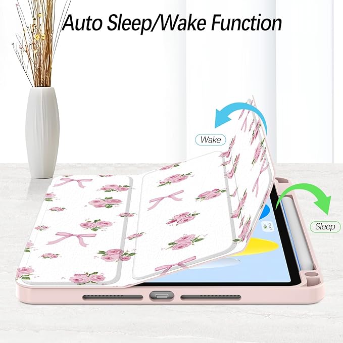 Case for iPad Pro 11 inch 4th/ 3rd/ 2nd / 1st Generation (2022/2021/2020/2018), Case with Pencil Holder, Clear Back Cover Cute Cool Design for Women Girls, Auto Sleep/Wake, Bow Rose