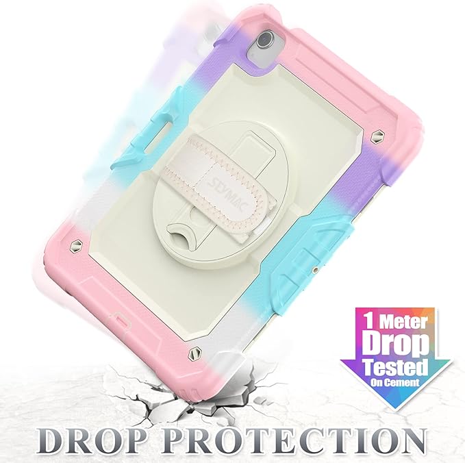 SEYMAC stock Case for iPad Air 5th/4th Generation/Pro 11 (4th/3rd/2nd) with Screen Protector Pen Holder, 360° Rotate Hand Strap/Stand Case for iPad Air 5th/4th Gen 10.9''/ Pro 11'' (Yellowish+Pink)