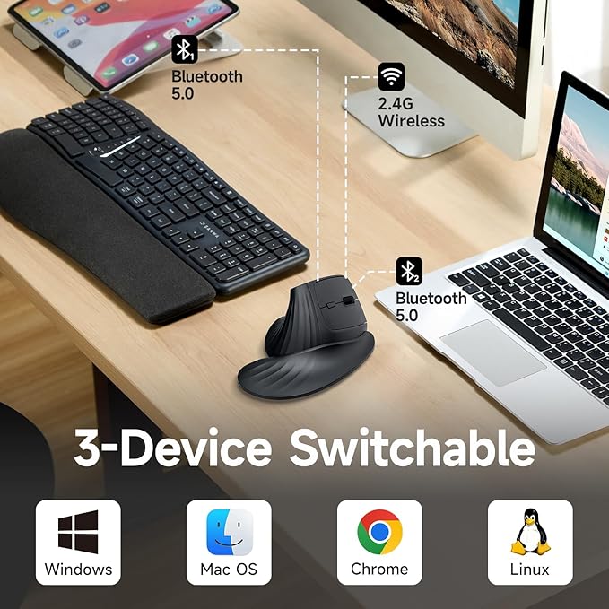 SANWA Wireless Ergonomic Mouse for Large Hands, Silent Click Vertical Mice with Removable Wrist Rest, 1000-4000 DPI, 3-Device (2.4G + 2 Bluetooth 5.4), Compatible with Mac, Windows, Laptop, PC, Black
