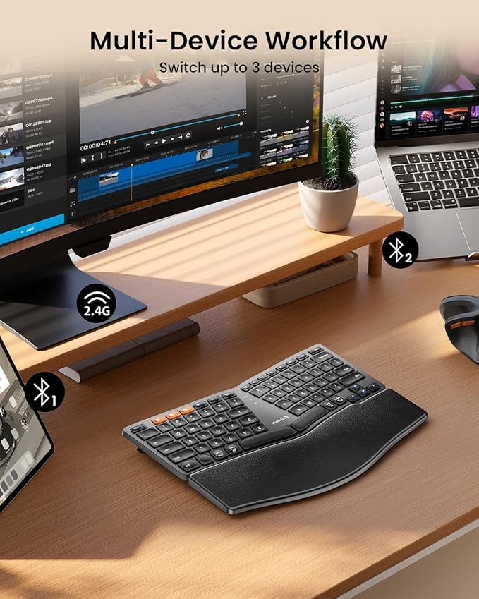 ProtoArc Bluetooth Ergonomic Keyboard, EK04 Mini Compact Wireless Ergonomic Keyboard, Hard Palm Rest, Multi-Device, Split Design, Rechargeable, Compatible with Windows, Mac OS