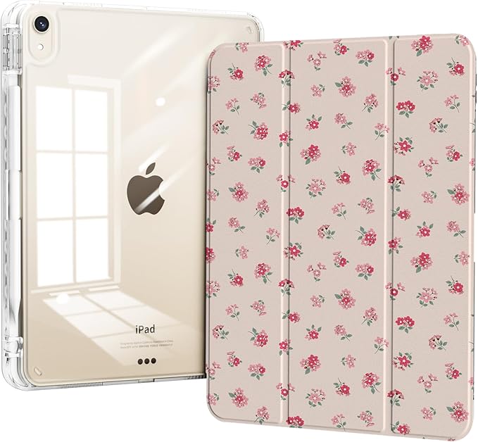for iPad Air 11 Inch M4 (2026)/ M3 (2025)/ M2 (2024) Case, iPad Air 10.9" 5th/4th Generation Case 2022/2020 with Pencil Holder, Slim Trifold Stand Clear Back Cover, Pink Ditsy Floral