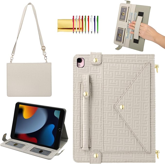 Handbag Case for iPad 9.7 Inch 2018/2017 (6th/5th Gen), iPad Air 2/Pro 9.7 Cover, Techcircle Cute Folio Stand Wallet Case w/Pencil Holder, Card Slots, Hand Strap, Shoulder Strap, Off-White