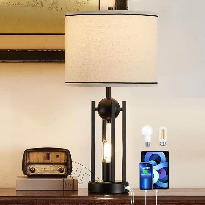 25'' Industrial Table Lamps for Living Room 1pcs with USB C+A Ports, Farmhouse Rustic Bedside Lamp for Bedroom, Touch Lamps for Nightstand, Dual Lights Independent Switch, Bulb Included, Black