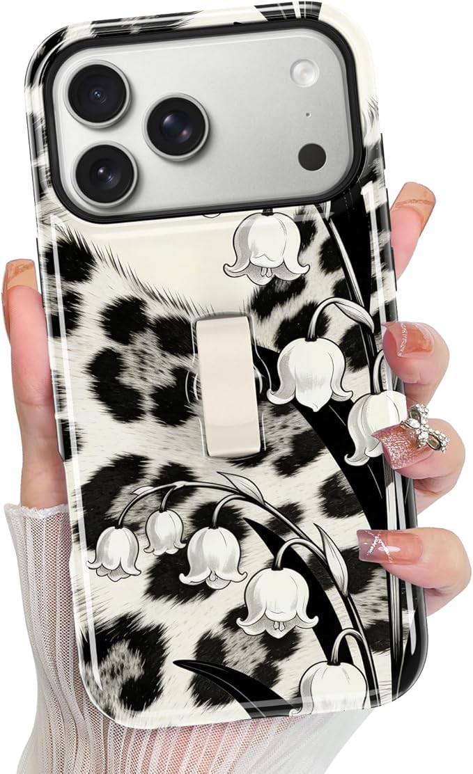 KANGHAR Compatible with iPhone 17 Pro Case, Support for MagSafe, Silicone Leopard Flower Cool Pattern, Finger Hold Wristband Kickstand Camera Protection Soft Slim Phone Case for Girls Women -Black