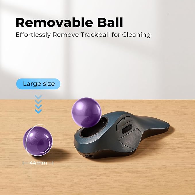 Wireless Trackball Mouse for Large Hands, Ergonomic Index Finger Control, Rechargeable Bluetooth/USB Mouse with Precise Smooth Tracking, Multi-Device Connection for Windows & Mac, Purple