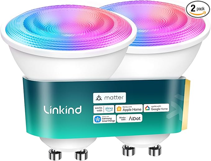 Linkind GU10 Smart Light Bulbs, 40W 470LM Color Changing Light Bulbs, Works with Alexa/Apple Home/Google Home, Dimmable(1800K-6500K), Music Sync & Light Shows, 2Pack