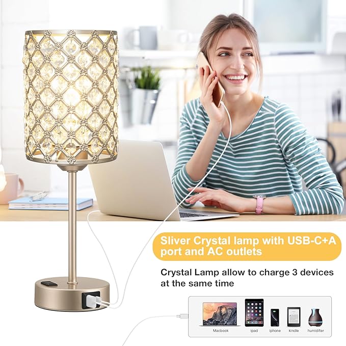 Hong-in Champagne Gold Lamps for Night Stands-Crystal Table Lamp with USB-C+A & AC Charging Ports, 3-Way Dimmable Nightstand Touch Lamp, Bedside Desk lamp for Bedroom Living Room Home Office