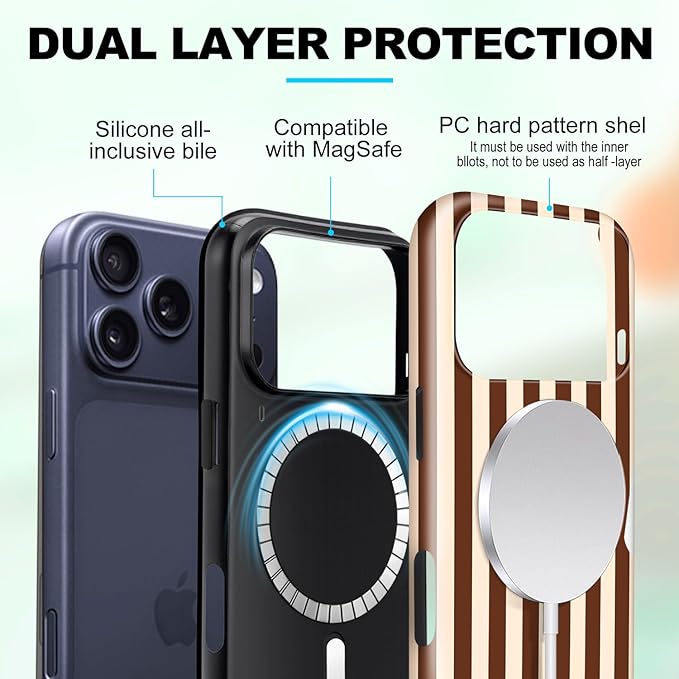Magnetic for iPhone 17 Pro Max Case Cute Stripes Phone Case, Shockproof Slim TPU and Hard PC Protective Phone Cover Compatible with MagSafe Designed for Women Girls, Brown