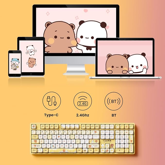 Akko Wireless Gaming Keyboard 5108B Plus Full Size Keyboard Bubu & Dudu Yellow Hot-Swappable Tri-Mode Mechanical Keyboard RGB Backlight, Piano Pre Lubed Switch