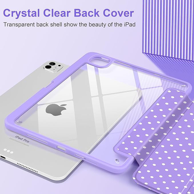 Case for iPad Pro 11 Inch (M5 2025 M4 2024) – [Built-in Pencil Holder], Shockproof & Stylish, Clear Hard Back + Soft TPU Edge, Magnetic Trifold Stand, Auto Wake/Sleep, Purple White dot