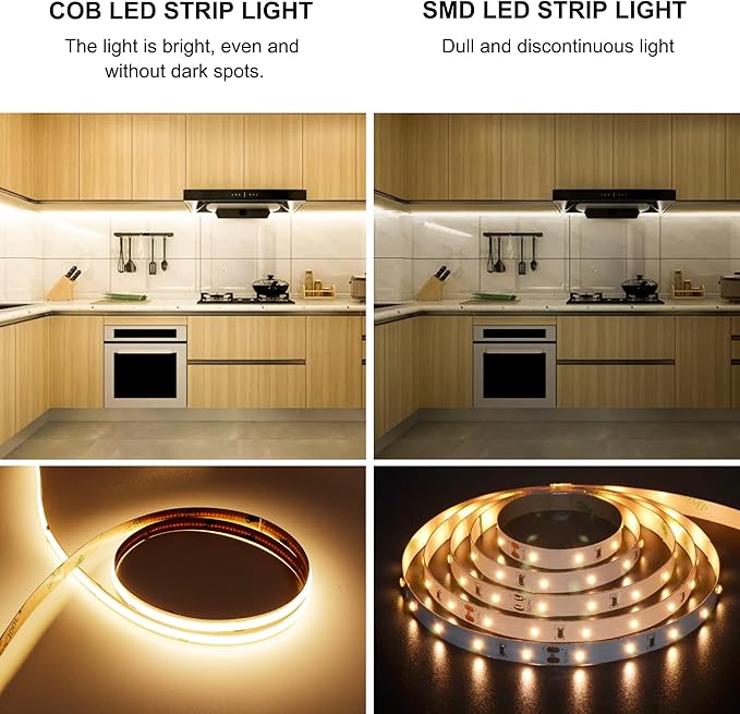 AXMOTUT COB LED Strip Lights with Remote, 24V 9.84ft Warm White Dimmable LED Light Strips, High Bright 3000K LED Lights with Power Supply for Room, Kitchen, DIY Home Decoration