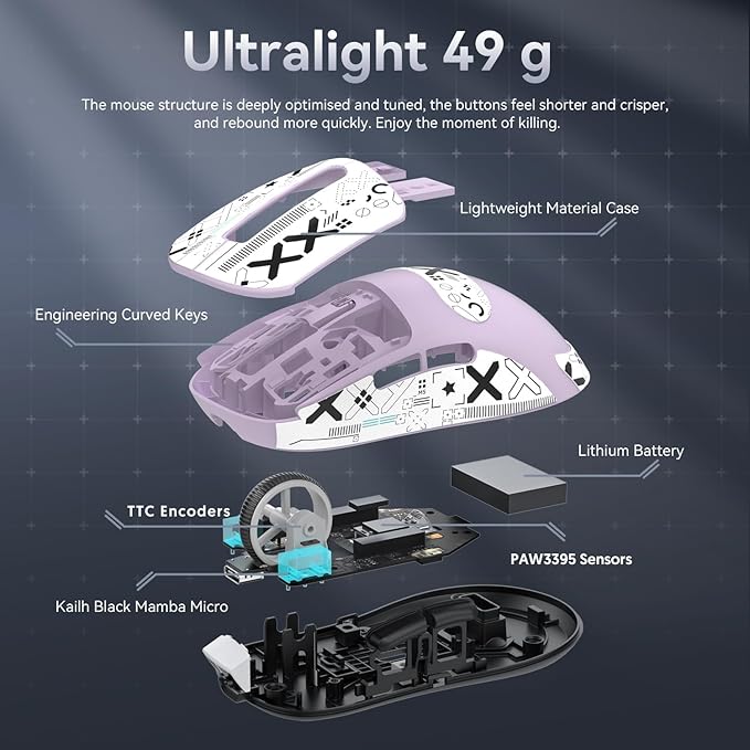 ATTACK SHARK X3 Wireless Gaming Mouse, 49g Bluetooth/2.4G/USB-C Ergonomic Computer Mouse, PAW3395 26K DPI Sensor, 200h Battery Life, Programmable Buttons, Gaming Accessories for PC/Laptop/Mac