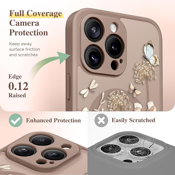 GVIEWIN for iPhone 16 Pro Max Case Compatible with MagSafe, [Military Grade Protection] [Screen Protector] Full Camera Protection Floral Translucent Women Magnetic Phone Case, Autumnflit/Brown