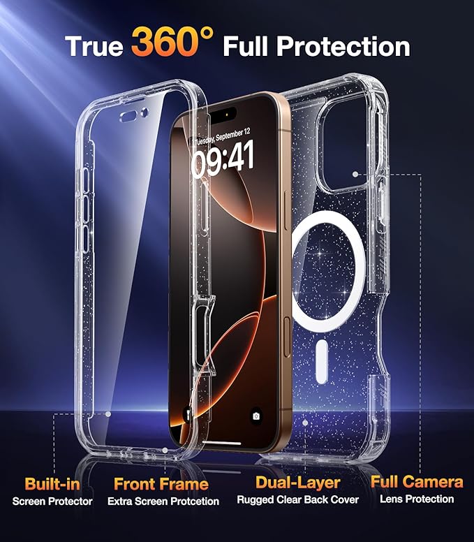 Diaclara Magnetic Designed for iPhone 16 Pro Case, Full Body Rugged with Touch Sensitive Anti-Scratch Screen Protector, Compatible with MagSafe, Soft Bumper Case for iPhone 16 Pro 6.3'', Clear Glitter