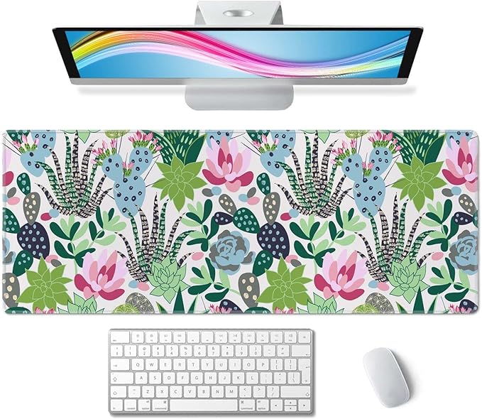 Extensive Gaming Mouse Mat - Succulents & Cacti Design, 31.5 x 11.8 - Non-Slip Base & Stitched Edge