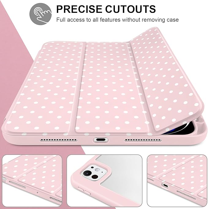 Case for iPad Pro 13 Inch (M5 2025 M4 2024) – [Built-in Pencil Holder], Shockproof & Stylish, Clear Hard Back + Soft TPU Edge, Magnetic Trifold Stand, Auto Wake/Sleep, Pink White dot