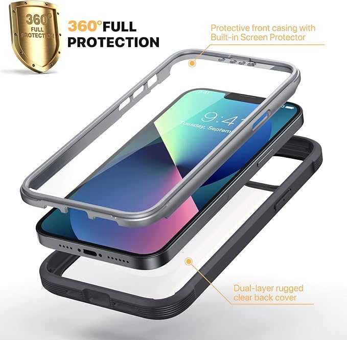 Diaclara Designed for iPhone 13 Case, Full Body Rugged with Built-in Touch Sensitive Anti-Scratch Screen Protector, Soft TPU Bumper Case for iPhone 13 6.1" (Black and Clear)