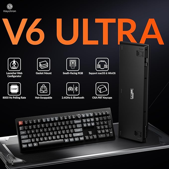 Keychron V6 Ultra 8K Full Size Wireless Mechanical Keyboard, 8000Hz, Hot-Swappable Brown Switch, RGB Backlight, PBT Keycaps, 2.4GHz/Bluetooth/Wired, for Windows macOS Linux – Black