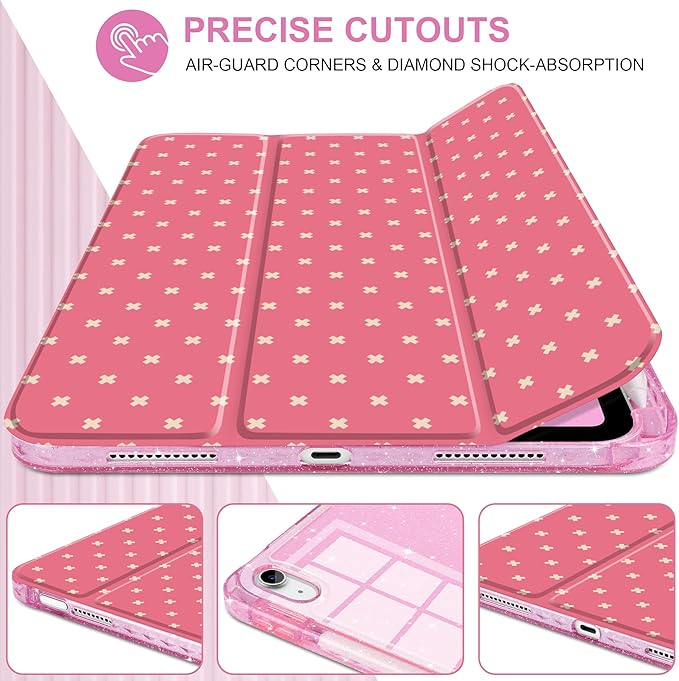 DONGKE for iPad Pro 11 inch Case – Fits M5 2025 / M4 2024, Shockproof Sparkling Glitter Acrylic Back, Pencil Holder, Trifold Stand, Auto Sleep/Wake & Touch ID Support - Dark Pink Cross Dot