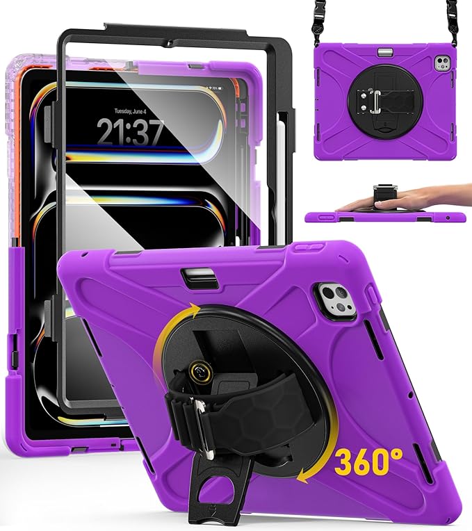 BRAECN for iPad Pro 13 inch Case M5 2025 & M4 2024 Heavy Duty Shockproof Protective with Pencil Holder Screen Protector 360°Rotating Stand Handle & Shoulder Strap Full Body Cover Kids Friendly