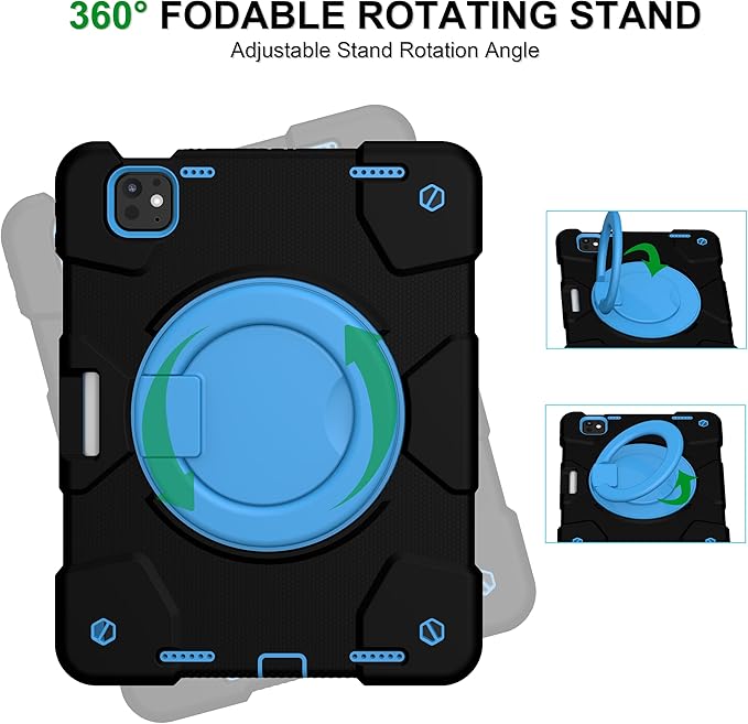 Andnary Case for iPad Pro 11 Inch M4 2024/M5 2025 Case, Heavy Duty Shockproof Cover with Screen Protector/360° Rotate Stand/Shoulder Strap/Pencil Holde (Black+Blue, iPad Pro M4/M5 11 inch)