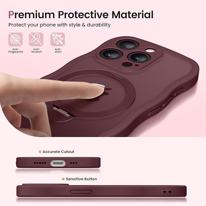 CAPRARO for iPhone 15 Pro Case with 360° Spin Magnetic Stand for Women, [Compatible with MagSafe] [Full Camera Protection] Cute Wave Translucent Matte Case for iPhone 15 Pro, Wine Red